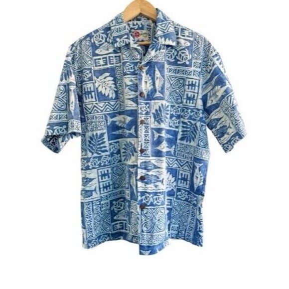 Hilo Hattie Mens Sz Large Blue White Tropcial Reverse Print Button Up Shirt Fish - Picture 1 of 9